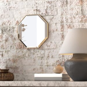 A octagonal wall mirror elegantly mounted on a wall adjacent to a well-stocked bookshelf, enhancing the room's aesthetic appeal.