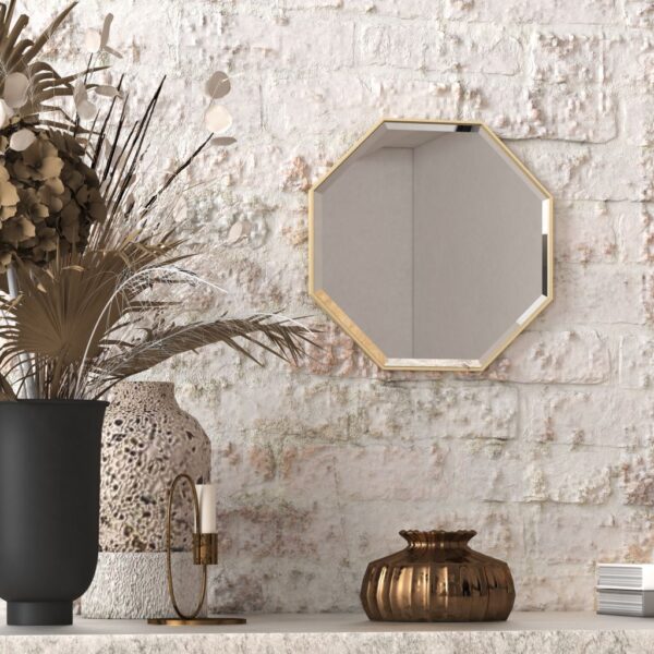 A octagonal wall mirror elegantly mounted on a wall adjacent to a well-stocked bookshelf, enhancing the room's aesthetic appeal.