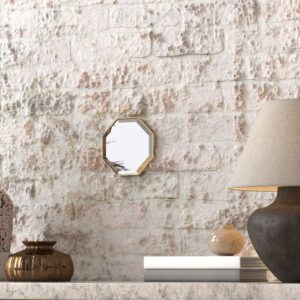 A octagonal wall mirror elegantly mounted on a wall adjacent to a well-stocked bookshelf, enhancing the room's aesthetic appeal.