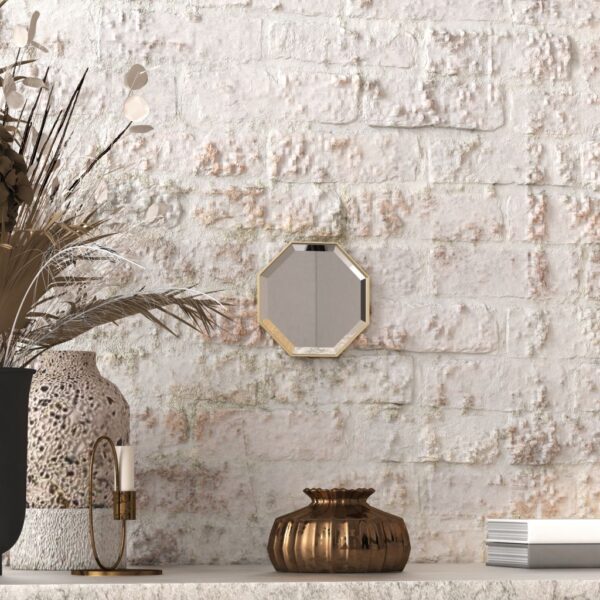 A octagonal wall mirror elegantly mounted on a wall adjacent to a well-stocked bookshelf, enhancing the room's aesthetic appeal.