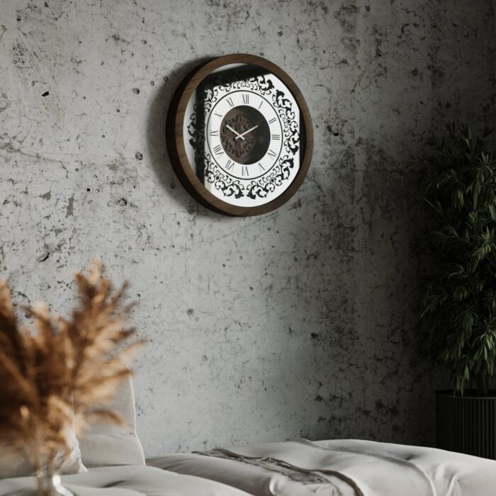 Handmade round wall clock with a wooden frame in walnut patina, mirrored glass front featuring Roman numerals, and a floral carved wood center, perfect for elegant home decor.