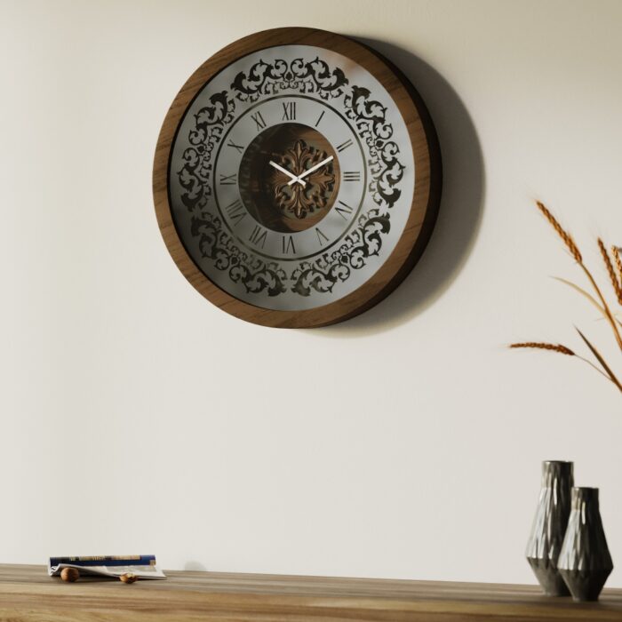 Handmade round wall clock with a wooden frame in walnut patina, mirrored glass front featuring Roman numerals, and a floral carved wood center, perfect for elegant home decor.