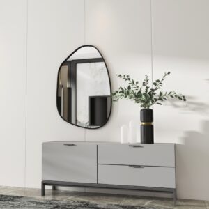 Irregular-shaped wooden frame wall mirror with asymmetrical design, perfect for modern home décor and bathroom vanities