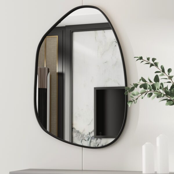 Irregular-shaped wooden frame wall mirror with asymmetrical design, perfect for modern home décor and bathroom vanities