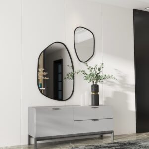 Irregular-shaped wooden frame wall mirror with asymmetrical design, perfect for modern home décor and bathroom vanities