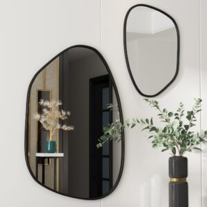 Irregular-shaped wooden frame wall mirror with asymmetrical design, perfect for modern home décor and bathroom vanities