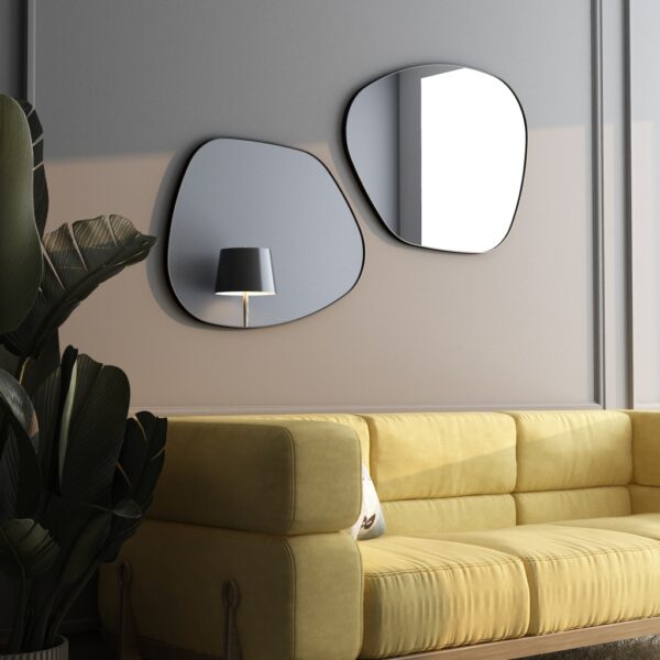 Irregular-shaped wooden frame wall mirror with asymmetrical design, perfect for modern home décor and bathroom vanities