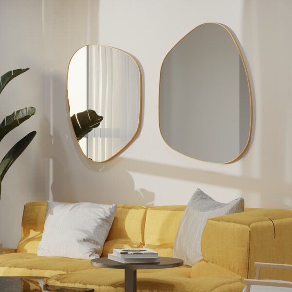 Irregular-shaped wooden frame wall mirror with asymmetrical design, perfect for modern home décor and bathroom vanities