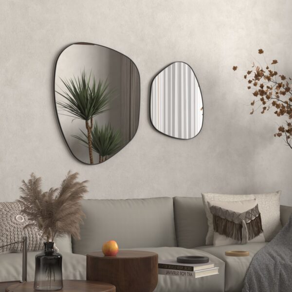 Irregular-shaped wooden frame wall mirror with asymmetrical design, perfect for modern home décor and bathroom vanities