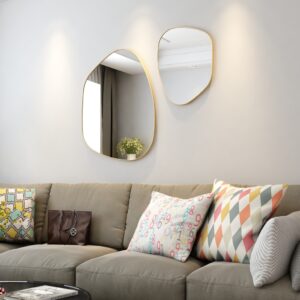 Irregular-shaped wooden frame wall mirror with asymmetrical design, perfect for modern home décor and bathroom vanities