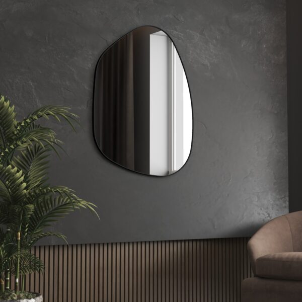 Irregular-shaped wooden frame wall mirror with asymmetrical design, perfect for modern home décor and bathroom vanities