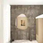 Irregular-shaped wooden frame wall mirror with asymmetrical design, perfect for modern home décor and bathroom vanities