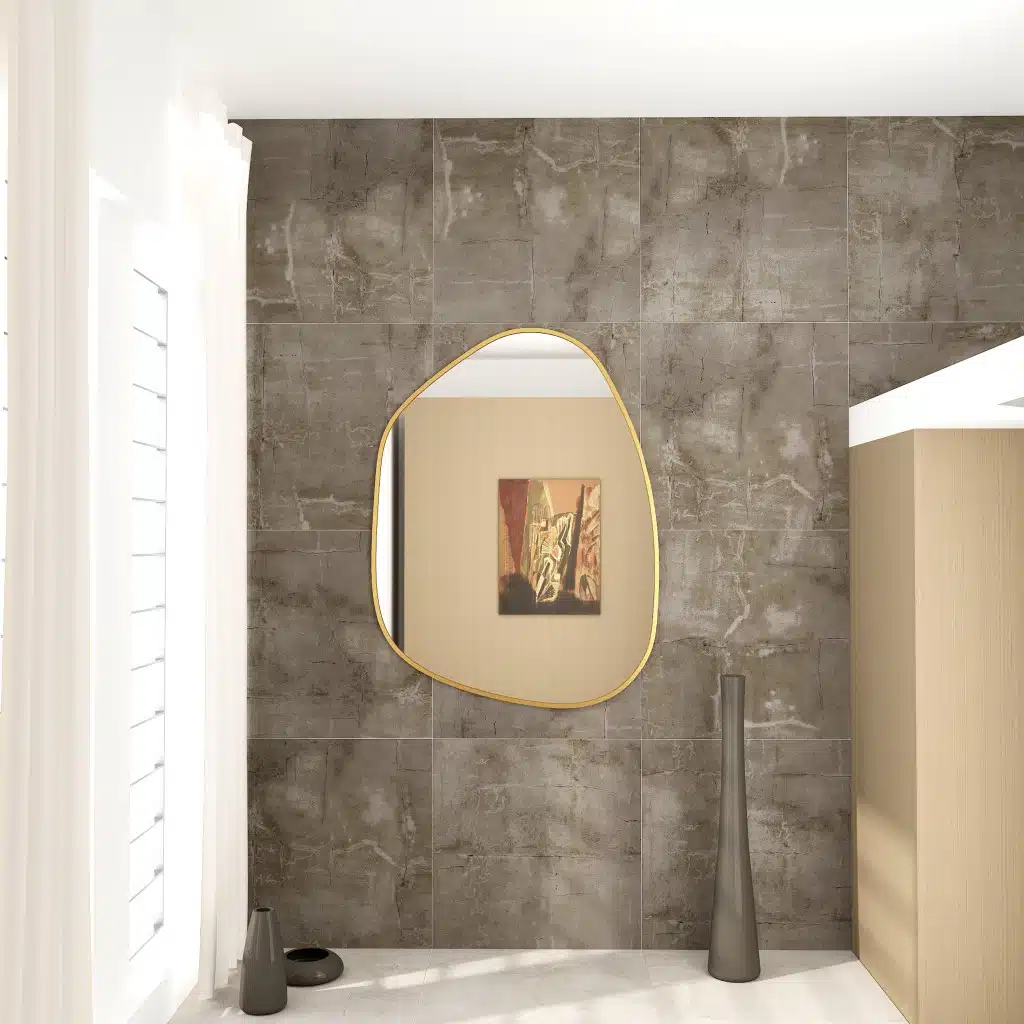 Irregular-shaped wooden frame wall mirror with asymmetrical design, perfect for modern home décor and bathroom vanities
