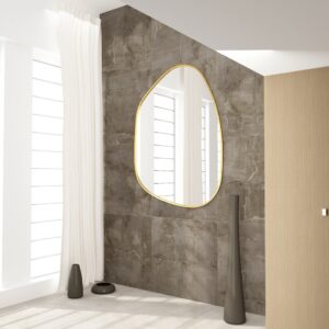 Irregular-shaped wooden frame wall mirror with asymmetrical design, perfect for modern home décor and bathroom vanities