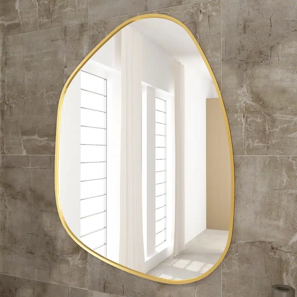 Irregular-shaped wooden frame wall mirror with asymmetrical design, perfect for modern home décor and bathroom vanities