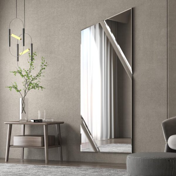 Full-length angled wall mirror with beveled diagonal lines and frameless design, available with black, gold, or silver wood backing.