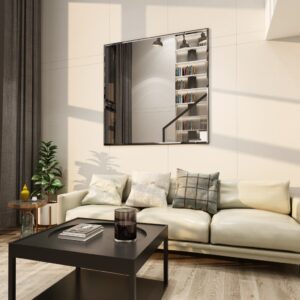 Designer square wall mirror with beveled edges and classic wooden frame, perfect for luxury living room décor. Handcrafted and unique, offering both style and function