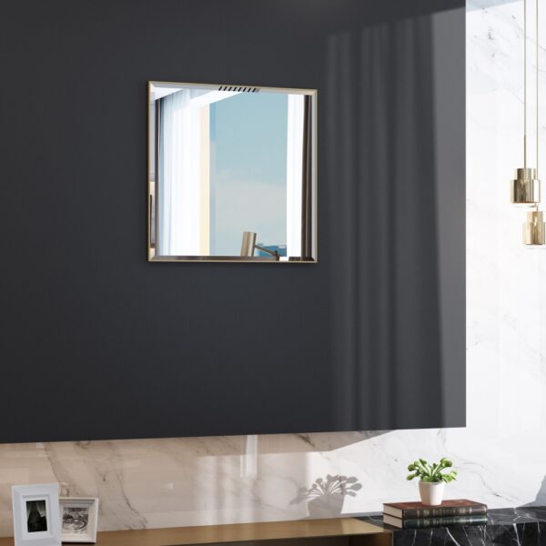 Designer square wall mirror with beveled edges and classic wooden frame, perfect for luxury living room décor. Handcrafted and unique, offering both style and function