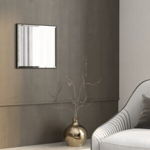 Designer square wall mirror with beveled edges and classic wooden frame, perfect for luxury living room décor. Handcrafted and unique, offering both style and function