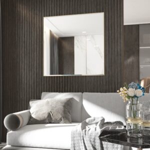 Designer square wall mirror with beveled edges and classic wooden frame, perfect for luxury living room décor. Handcrafted and unique, offering both style and function