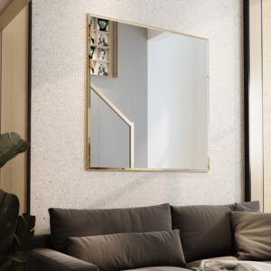 Designer square wall mirror with beveled edges and classic wooden frame, perfect for luxury living room décor. Handcrafted and unique, offering both style and function