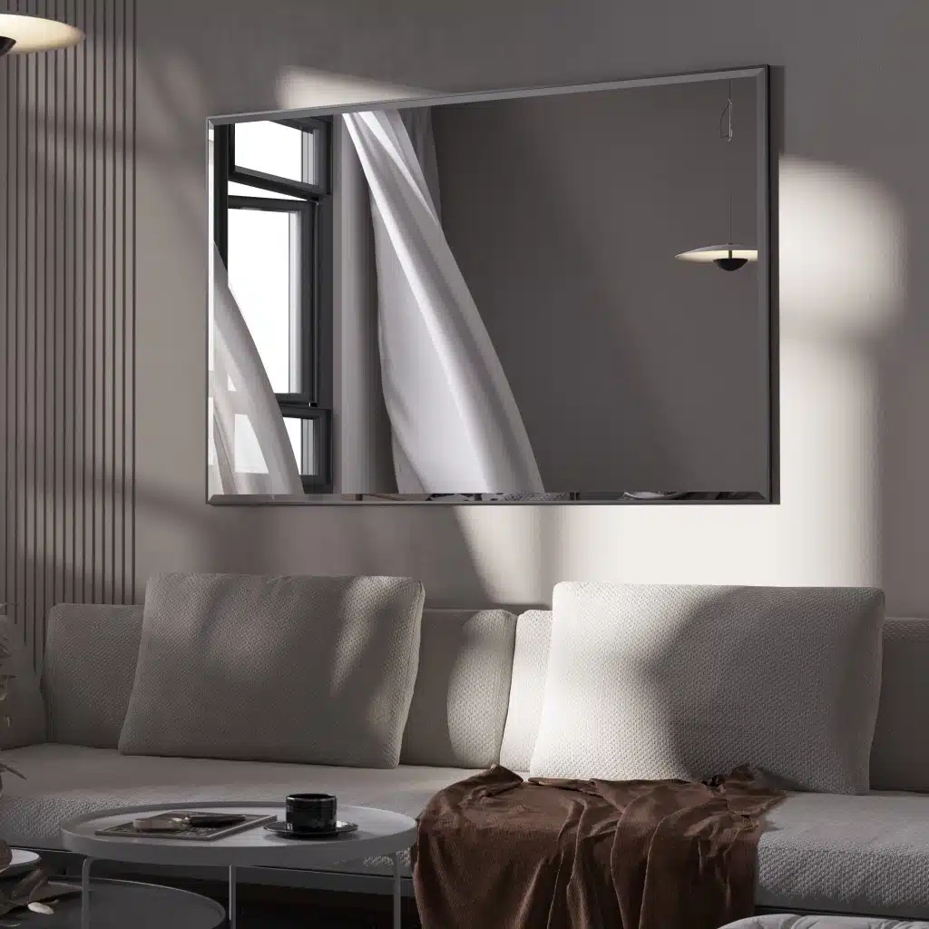 Rectangular beveled wall mirror with a handmade wooden frame, suitable as a floor, full-length, leaner, or overmantle mirror for stylish interiors