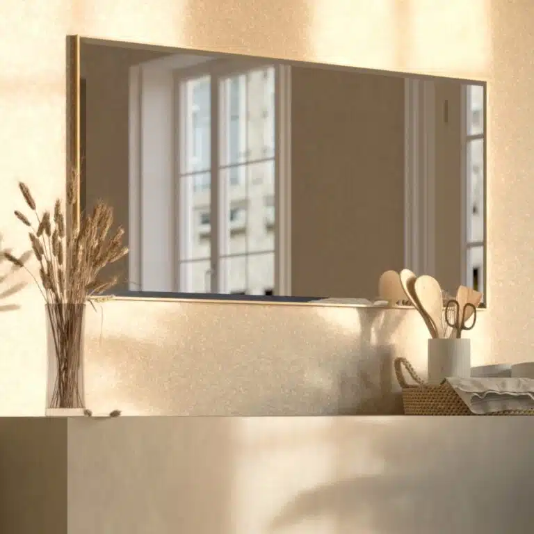 Rectangular beveled wall mirror with a handmade wooden frame, suitable as a floor, full-length, leaner, or overmantle mirror for stylish interiors