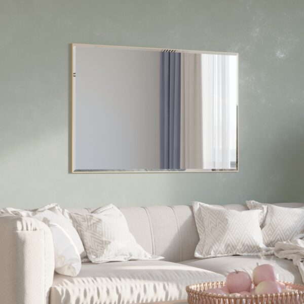 Rectangular beveled wall mirror with a handmade wooden frame, suitable as a floor, full-length, leaner, or overmantle mirror for stylish interiors