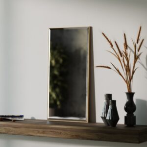 Rectangular beveled wall mirror with a handmade wooden frame, suitable as a floor, full-length, leaner, or overmantle mirror for stylish interiors