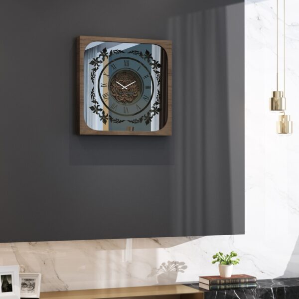 Handcrafted square oversized wall clock featuring a walnut patina wooden frame, mirrored glass face with Roman numerals, and an intricate floral wood center design. Perfect for stylish home decor