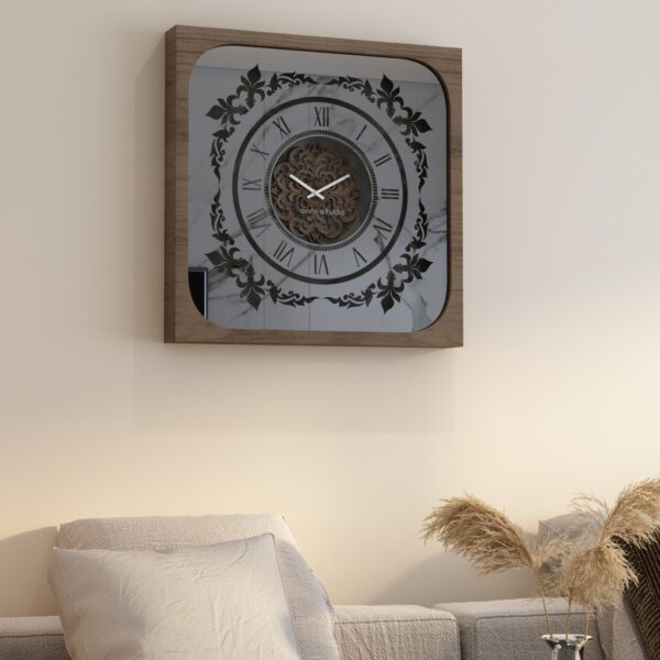 Handcrafted square oversized wall clock featuring a walnut patina wooden frame, mirrored glass face with Roman numerals, and an intricate floral wood center design. Perfect for stylish home decor