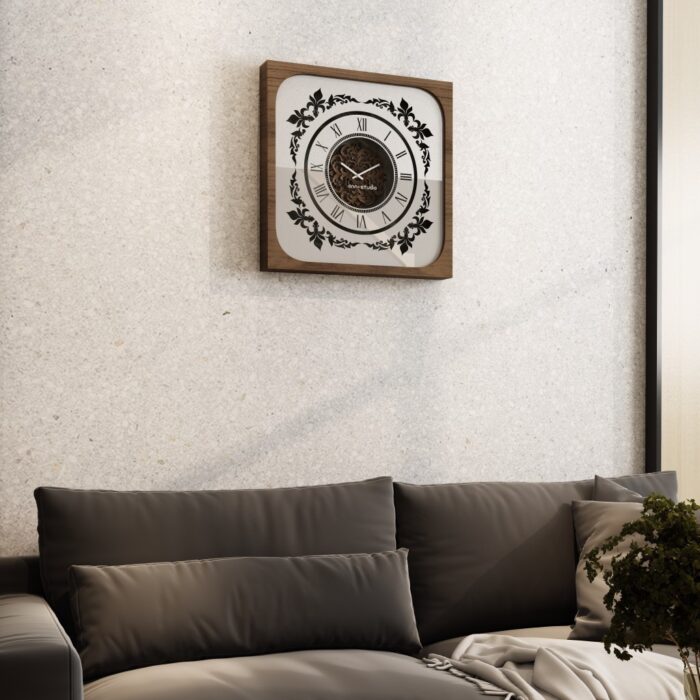 Handcrafted square oversized wall clock featuring a walnut patina wooden frame, mirrored glass face with Roman numerals, and an intricate floral wood center design. Perfect for stylish home decor