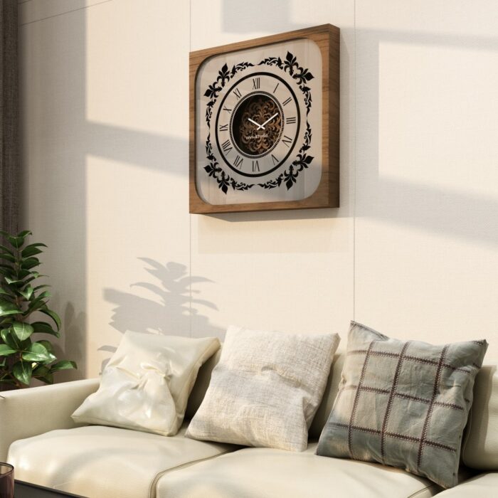 Handcrafted square oversized wall clock featuring a walnut patina wooden frame, mirrored glass face with Roman numerals, and an intricate floral wood center design. Perfect for stylish home decor