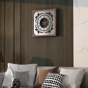 Handcrafted square oversized wall clock featuring a walnut patina wooden frame, mirrored glass face with Roman numerals, and an intricate floral wood center design. Perfect for stylish home decor