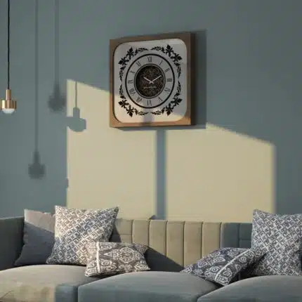 Handcrafted square oversized wall clock featuring a walnut patina wooden frame, mirrored glass face with Roman numerals, and an intricate floral wood center design. Perfect for stylish home decor