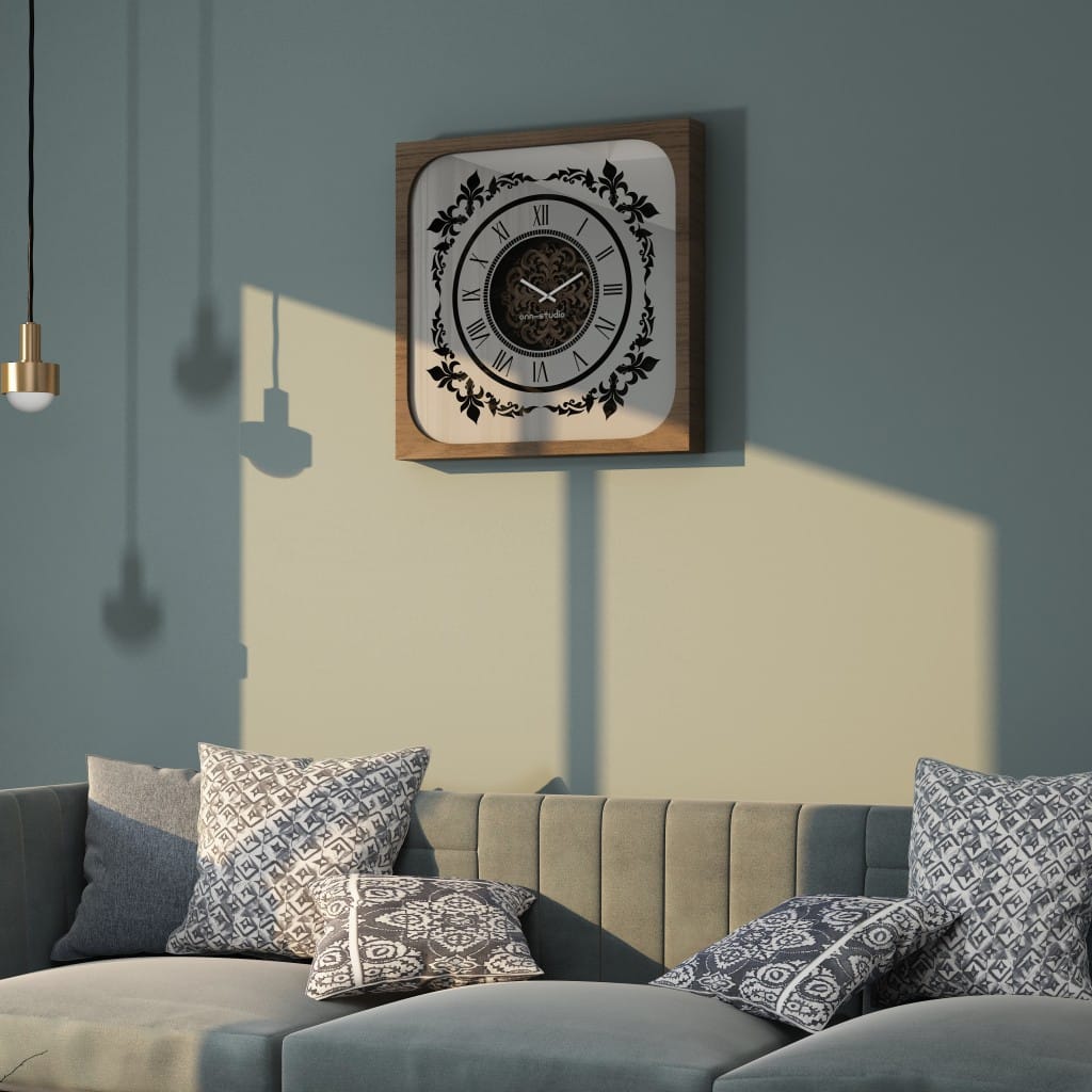 Handcrafted square oversized wall clock featuring a walnut patina wooden frame, mirrored glass face with Roman numerals, and an intricate floral wood center design. Perfect for stylish home decor