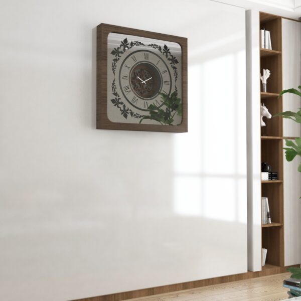 Handcrafted square oversized wall clock featuring a walnut patina wooden frame, mirrored glass face with Roman numerals, and an intricate floral wood center design. Perfect for stylish home decor