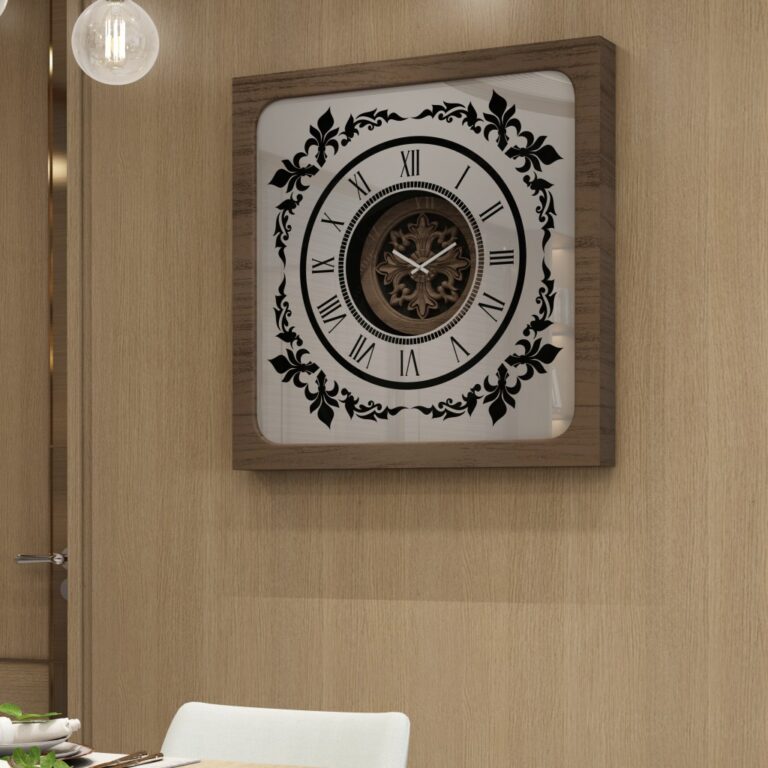 Handcrafted square oversized wall clock featuring a walnut patina wooden frame, mirrored glass face with Roman numerals, and an intricate floral wood center design. Perfect for stylish home decor