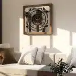 Handcrafted square oversized wall clock featuring a walnut patina wooden frame, mirrored glass face with Roman numerals, and an intricate floral wood center design. Perfect for stylish home decor