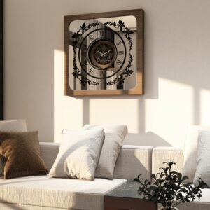 Handcrafted square oversized wall clock featuring a walnut patina wooden frame, mirrored glass face with Roman numerals, and an intricate floral wood center design. Perfect for stylish home decor