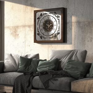 Handcrafted square oversized wall clock featuring a walnut patina wooden frame, mirrored glass face with Roman numerals, and an intricate floral wood center design. Perfect for stylish home decor