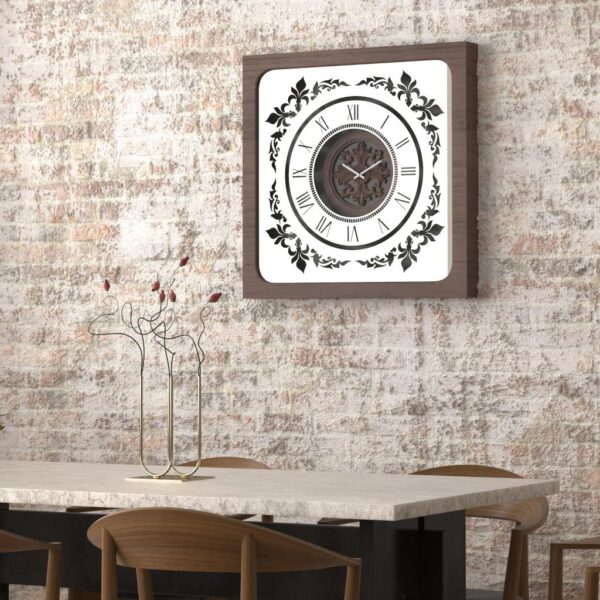 Handcrafted square oversized wall clock featuring a walnut patina wooden frame, mirrored glass face with Roman numerals, and an intricate floral wood center design. Perfect for stylish home decor