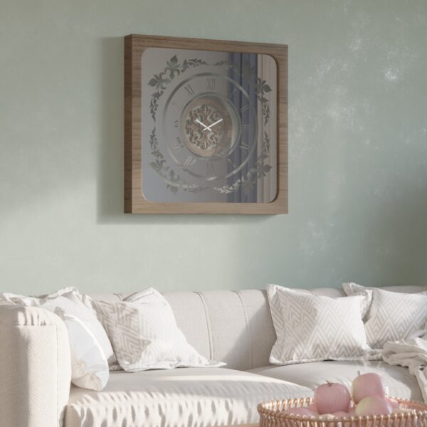 Handcrafted square oversized wall clock featuring a walnut patina wooden frame, mirrored glass face with Roman numerals, and an intricate floral wood center design. Perfect for stylish home decor