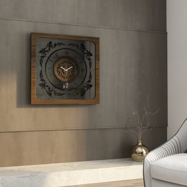 Handcrafted square oversized wall clock featuring a walnut patina wooden frame, mirrored glass face with Roman numerals, and an intricate floral wood center design. Perfect for stylish home decor