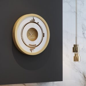 Handmade round wall clock by Merit Home with Persian Hich calligraphy and mirrored glass, shown in black, gray, gold, and beige.