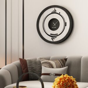 Handmade round wall clock by Merit Home with Persian Hich calligraphy and mirrored glass, shown in black, gray, gold, and beige.