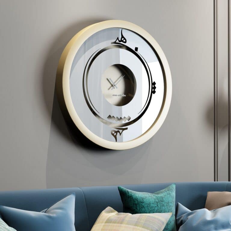 Handmade round wall clock by Merit Home with Persian Hich calligraphy and mirrored glass, shown in black, gray, gold, and beige.