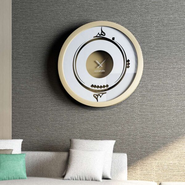 Handmade round wall clock by Merit Home with Persian Hich calligraphy and mirrored glass, shown in black, gray, gold, and beige.