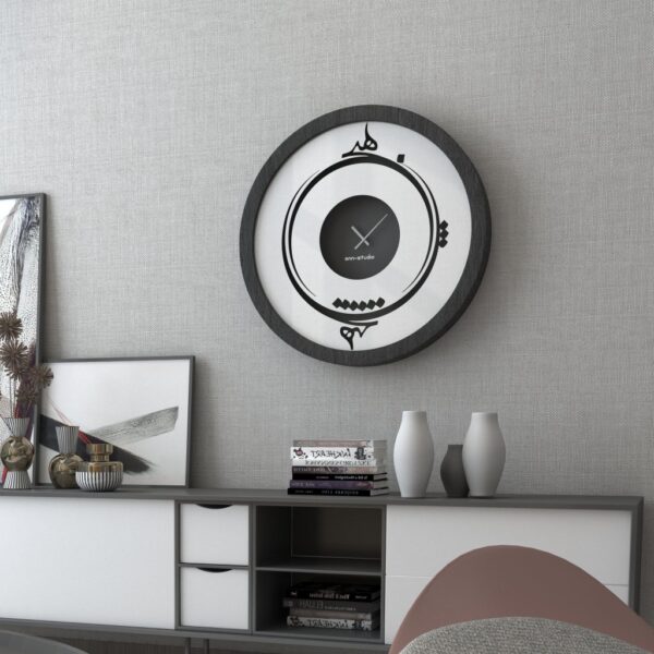 Handmade round wall clock by Merit Home with Persian Hich calligraphy and mirrored glass, shown in black, gray, gold, and beige.