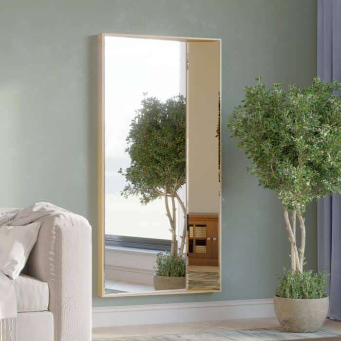 Minimalist interior featuring a full-length mirror with a slim gold frame mounted on a light green wall, reflecting a potted green plant beside it. A beige sofa with white pillows is partially visible in the foreground, adding a cozy touch to the modern decor.